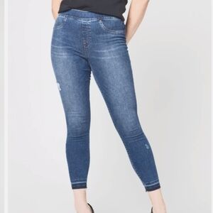 Spanx (Size XL) Medium Wash Distressed Raw Hem Ankle Pullon Stretch Skinny Jeans